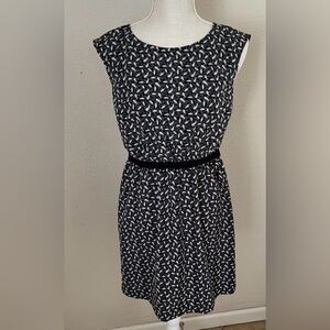 LOFT Navy Patterned Midi Dress with Black Waist